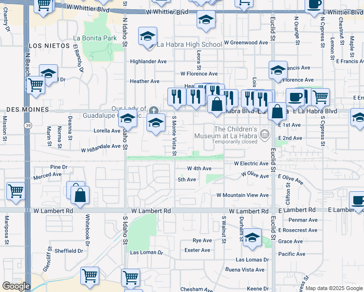 map of restaurants, bars, coffee shops, grocery stores, and more near 280 South Monte Vista Street in La Habra
