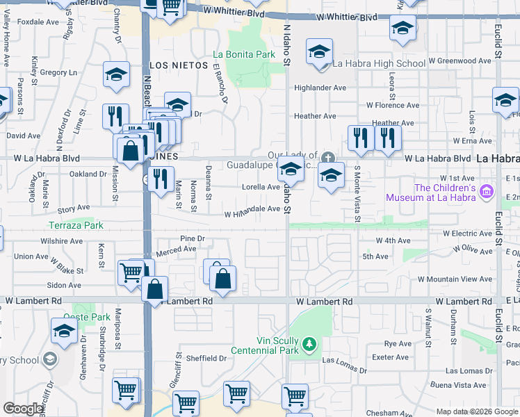 map of restaurants, bars, coffee shops, grocery stores, and more near 1420 Lorella Avenue in La Habra