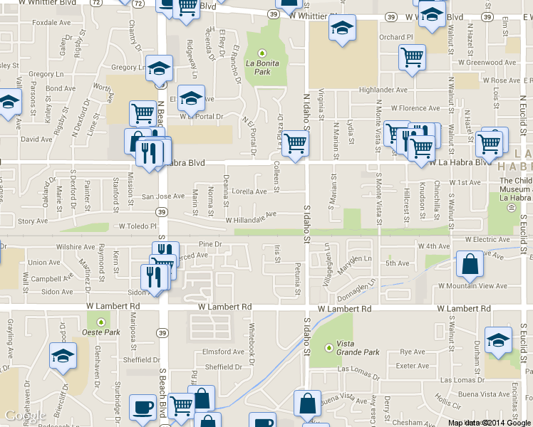 map of restaurants, bars, coffee shops, grocery stores, and more near 1420 Lorella Avenue in La Habra