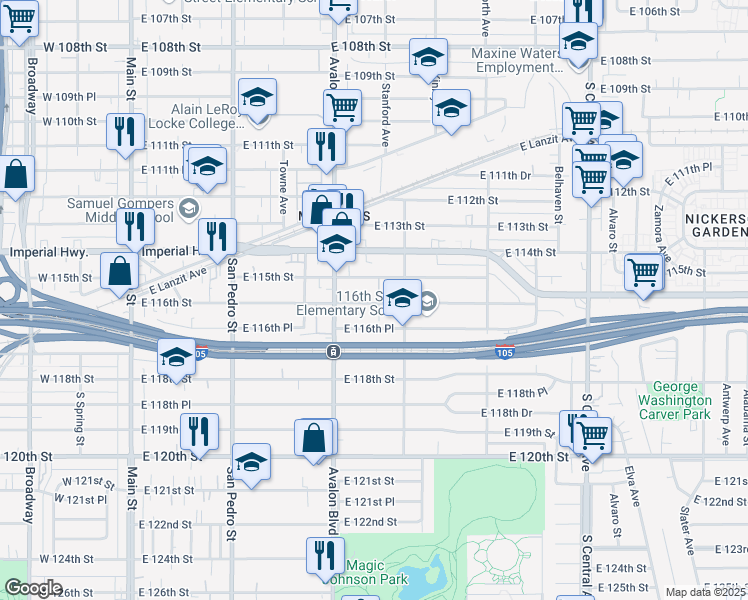 map of restaurants, bars, coffee shops, grocery stores, and more near 664 East 115th Street in Los Angeles