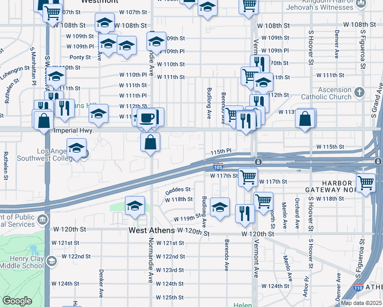 map of restaurants, bars, coffee shops, grocery stores, and more near 1218 West Imperial Highway in Los Angeles