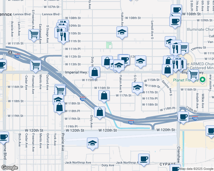 map of restaurants, bars, coffee shops, grocery stores, and more near 3636 West Imperial Highway in Inglewood
