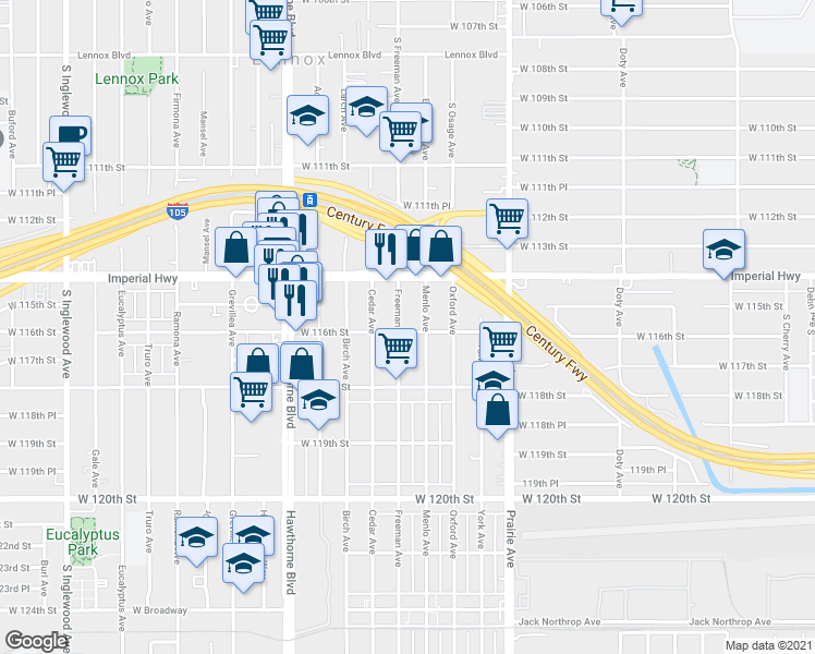 map of restaurants, bars, coffee shops, grocery stores, and more near 11447 Freeman Avenue in Hawthorne