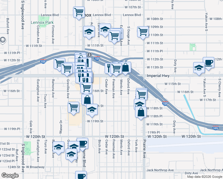 map of restaurants, bars, coffee shops, grocery stores, and more near 11447 Freeman Avenue in Hawthorne