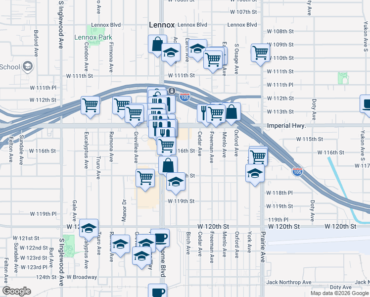 map of restaurants, bars, coffee shops, grocery stores, and more near 11440 Birch Avenue in Hawthorne