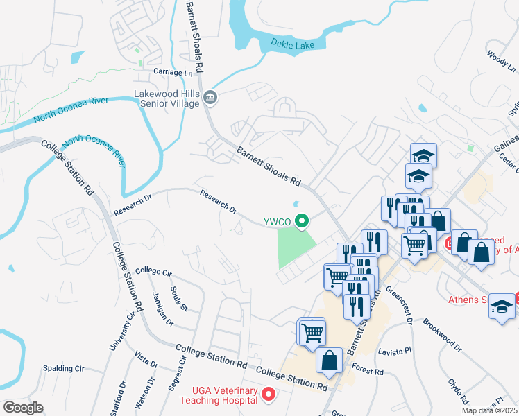 map of restaurants, bars, coffee shops, grocery stores, and more near 345 Research Drive in Athens