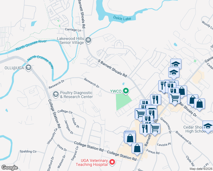 map of restaurants, bars, coffee shops, grocery stores, and more near 345 Research Drive in Athens
