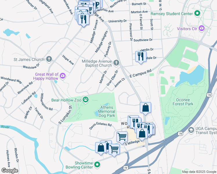 map of restaurants, bars, coffee shops, grocery stores, and more near 159 Gran Ellen Drive in Athens