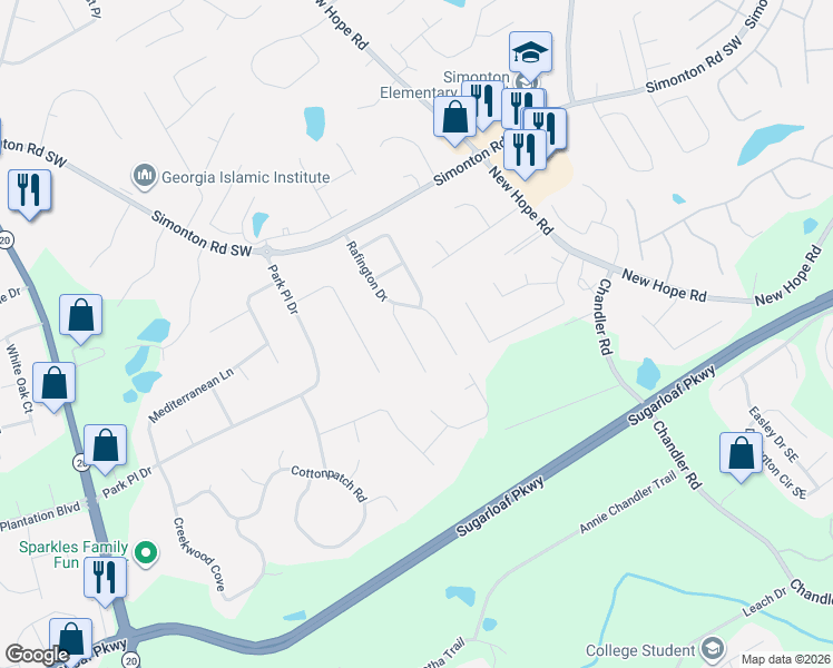 map of restaurants, bars, coffee shops, grocery stores, and more near 1065 Rafington Drive in Lawrenceville