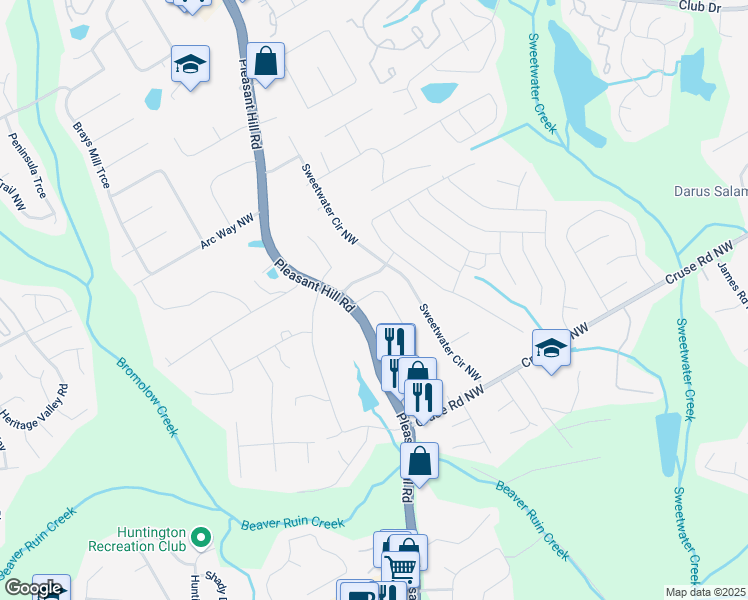 map of restaurants, bars, coffee shops, grocery stores, and more near 3654 McClaren Way in Lawrenceville