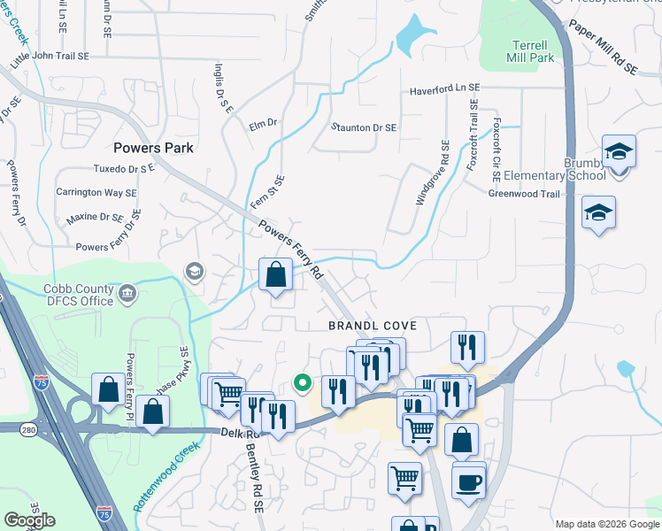 map of restaurants, bars, coffee shops, grocery stores, and more near 2944 Chipmunk Trail Southeast in Marietta