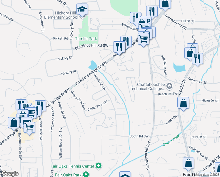 map of restaurants, bars, coffee shops, grocery stores, and more near 1052 Brownstone Drive Southwest in Marietta