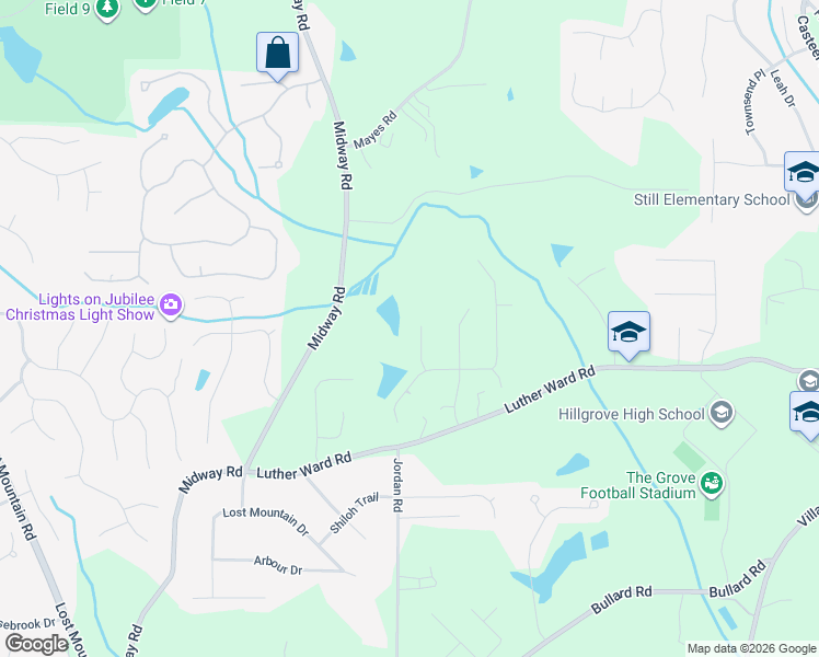 map of restaurants, bars, coffee shops, grocery stores, and more near 1204 Embassy Court in Powder Springs