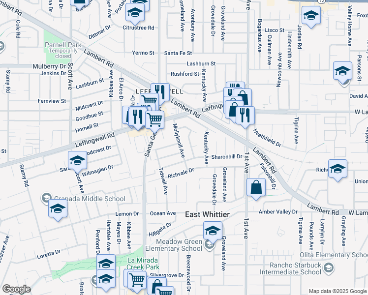 map of restaurants, bars, coffee shops, grocery stores, and more near 11514 Mollyknoll Avenue in Whittier