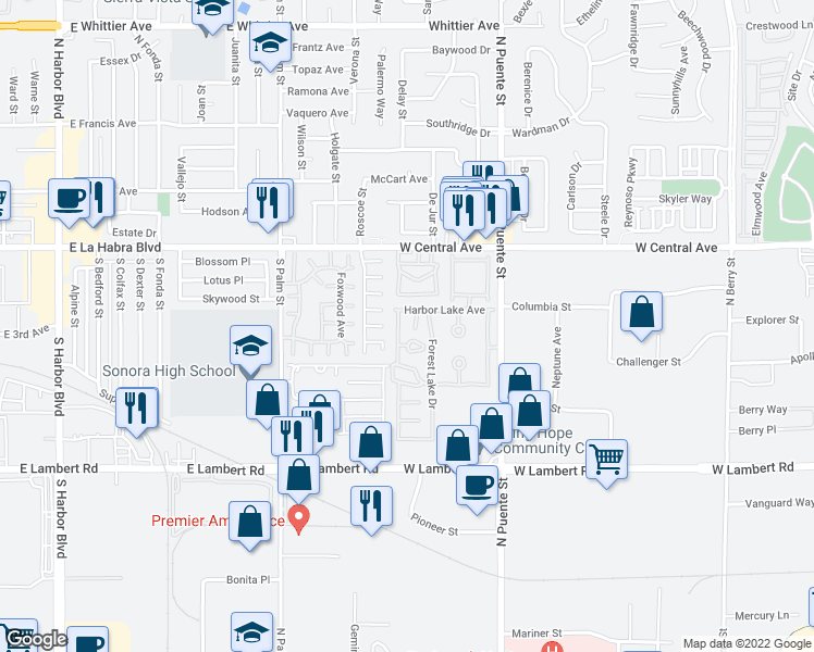 map of restaurants, bars, coffee shops, grocery stores, and more near 1371 Harbor Lake Avenue in Brea