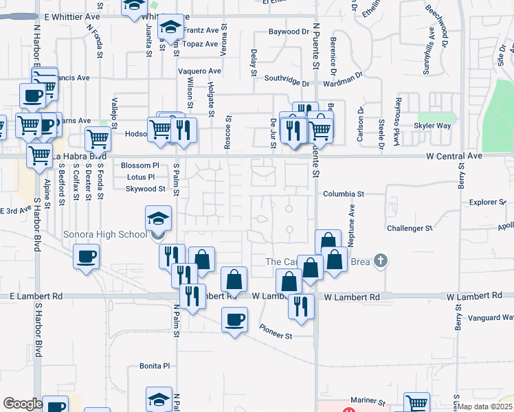 map of restaurants, bars, coffee shops, grocery stores, and more near 1371 Harbor Lake Avenue in Brea