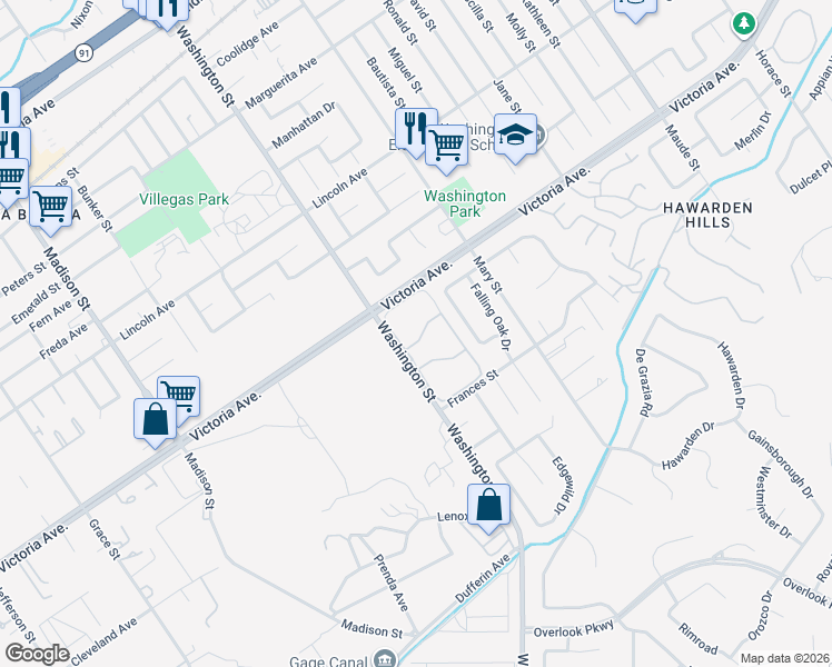 map of restaurants, bars, coffee shops, grocery stores, and more near 2644 Shamblin Court in Riverside