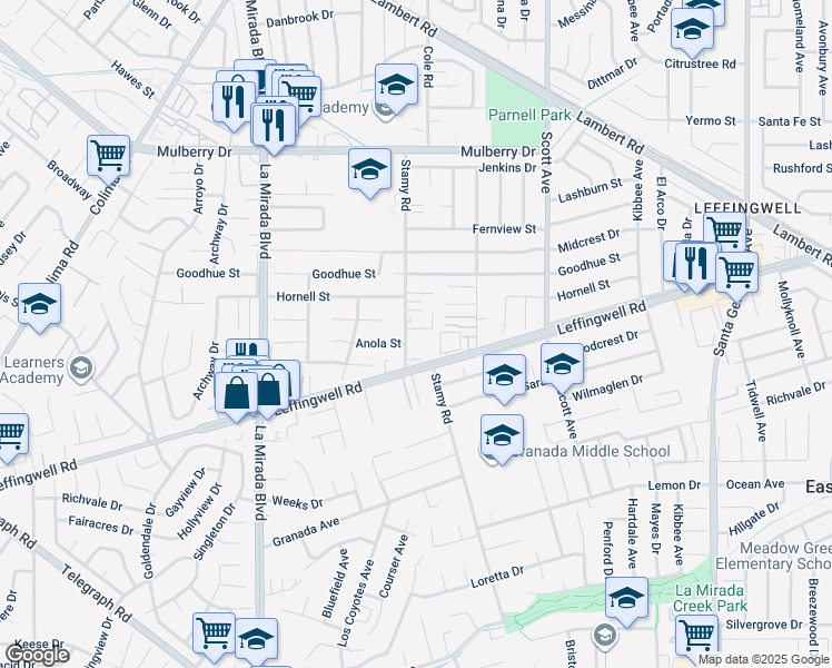 map of restaurants, bars, coffee shops, grocery stores, and more near 11131 Stamy Road in Whittier