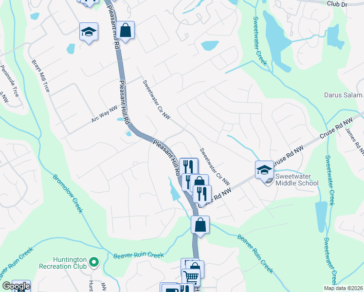 map of restaurants, bars, coffee shops, grocery stores, and more near 3628 McClaren Way in Lawrenceville