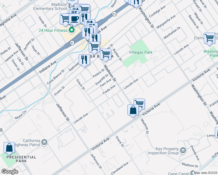 map of restaurants, bars, coffee shops, grocery stores, and more near 2962 Madison Street in Riverside