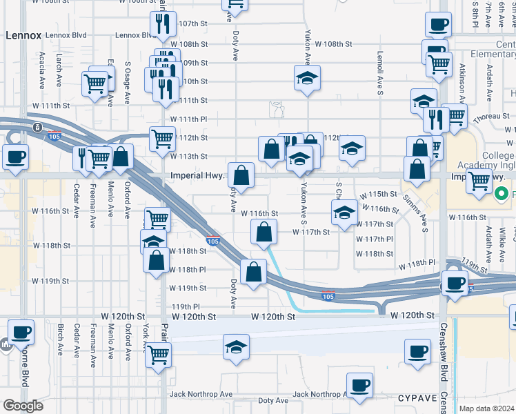 map of restaurants, bars, coffee shops, grocery stores, and more near 3717 West 116th Street in Hawthorne
