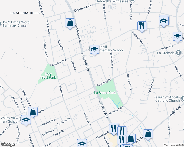 map of restaurants, bars, coffee shops, grocery stores, and more near 5415 La Sierra Avenue in Riverside