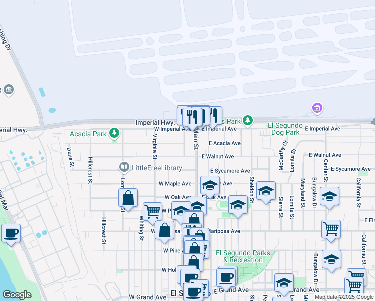 map of restaurants, bars, coffee shops, grocery stores, and more near 900 Cedar Street in El Segundo