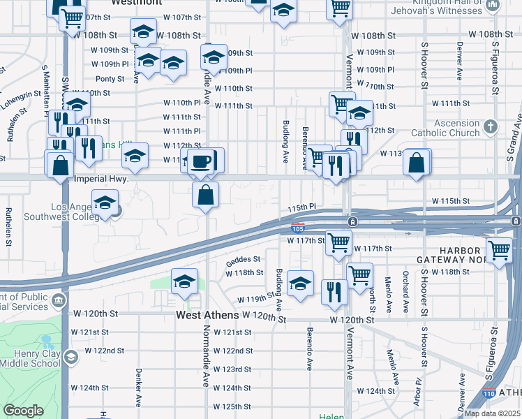 map of restaurants, bars, coffee shops, grocery stores, and more near 1218 West Imperial Highway in Los Angeles