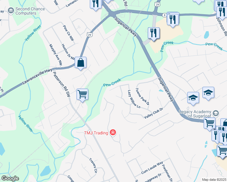 map of restaurants, bars, coffee shops, grocery stores, and more near 250 Lazy Willow Lane in Lawrenceville