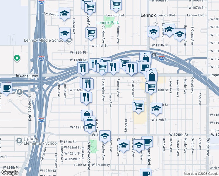 map of restaurants, bars, coffee shops, grocery stores, and more near 11533 Truro Avenue in Hawthorne