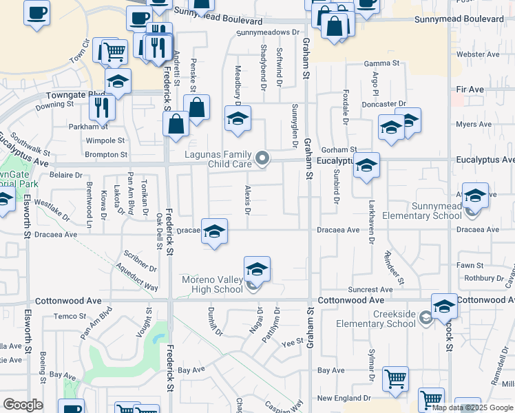 map of restaurants, bars, coffee shops, grocery stores, and more near 23314 Vida Court in Moreno Valley