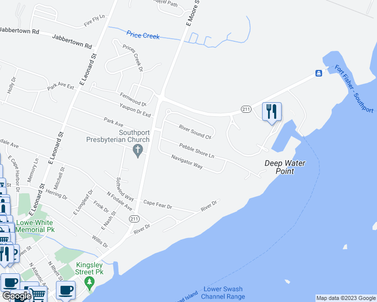 map of restaurants, bars, coffee shops, grocery stores, and more near 6215 Pebble Shore Lane in Southport