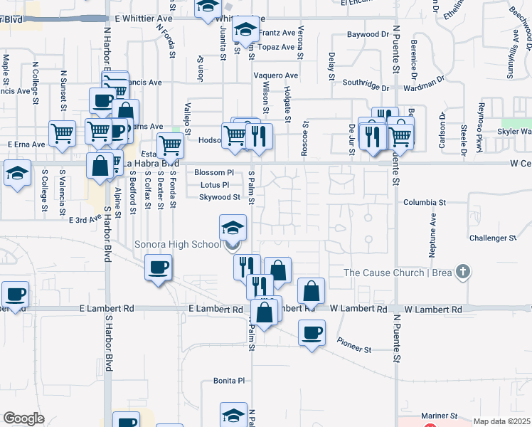 map of restaurants, bars, coffee shops, grocery stores, and more near 570 Archwood Avenue in Brea
