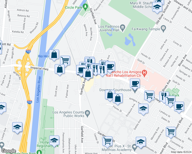 map of restaurants, bars, coffee shops, grocery stores, and more near 5810 Imperial Highway in South Gate