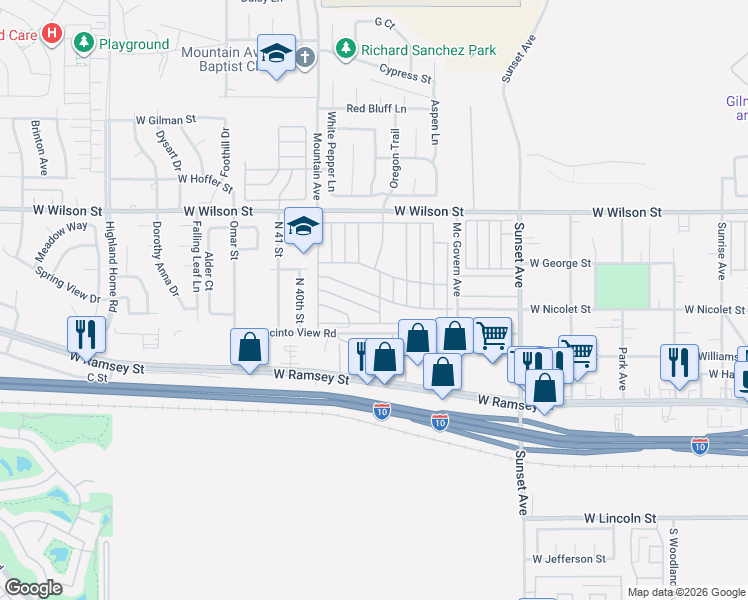 map of restaurants, bars, coffee shops, grocery stores, and more near in Banning