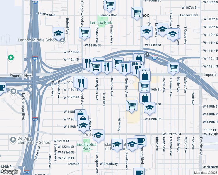 map of restaurants, bars, coffee shops, grocery stores, and more near 11500 Truro Avenue in Hawthorne