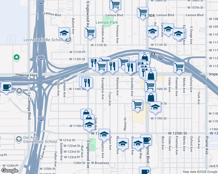 map of restaurants, bars, coffee shops, grocery stores, and more near 11533 Truro Avenue in Hawthorne