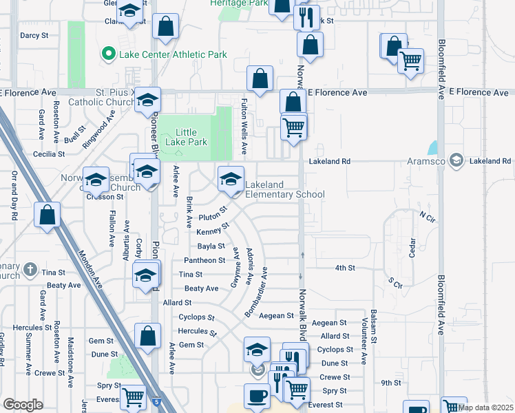 map of restaurants, bars, coffee shops, grocery stores, and more near 12082 Kenney Street in Norwalk