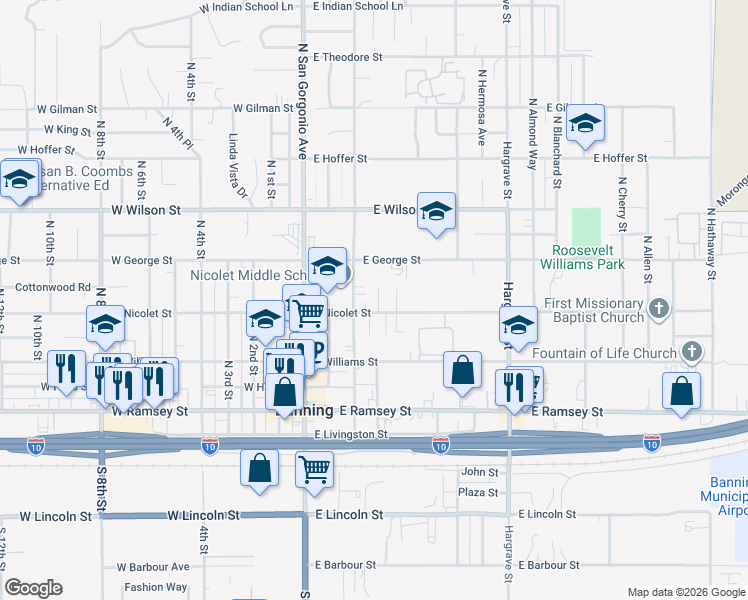 map of restaurants, bars, coffee shops, grocery stores, and more near 495 Martin Street in Banning