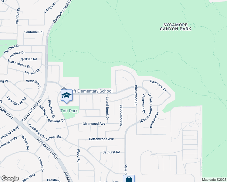 map of restaurants, bars, coffee shops, grocery stores, and more near 286 Mission Grove Parkway North in Riverside