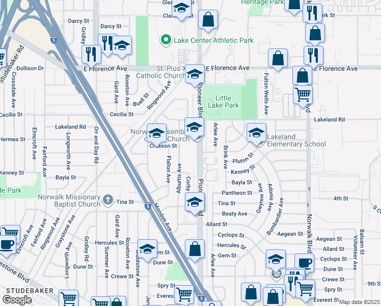 map of restaurants, bars, coffee shops, grocery stores, and more near 11251 Pioneer Boulevard in Norwalk