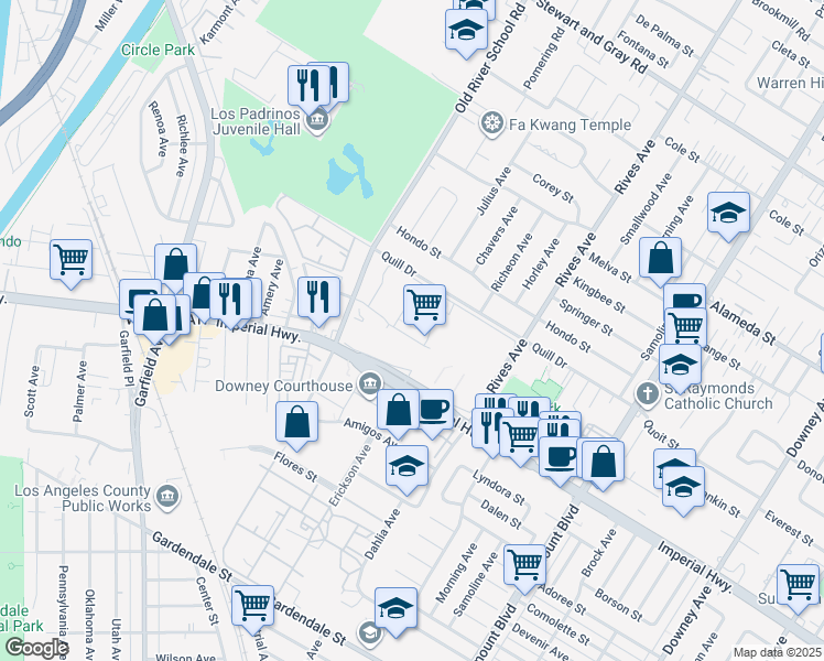 map of restaurants, bars, coffee shops, grocery stores, and more near 7601 Imperial Highway in Downey