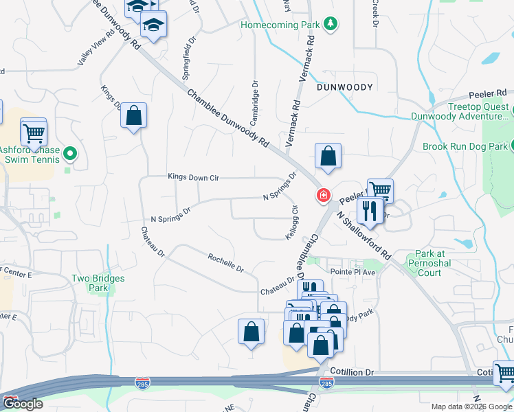 map of restaurants, bars, coffee shops, grocery stores, and more near 1699 North Springs Drive in Dunwoody