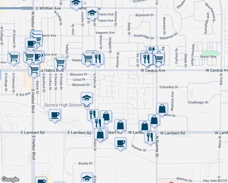 map of restaurants, bars, coffee shops, grocery stores, and more near 1633 Gatewood Court in Brea