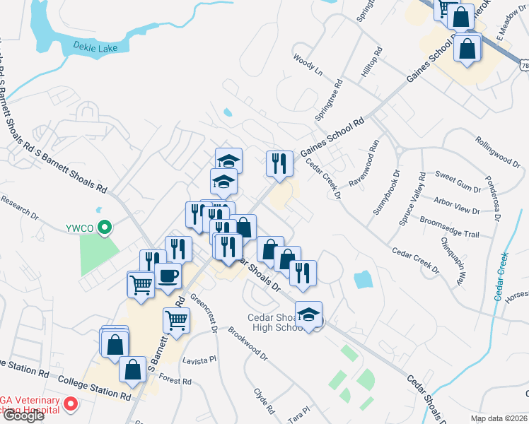 map of restaurants, bars, coffee shops, grocery stores, and more near 102 Barrington Drive in Athens
