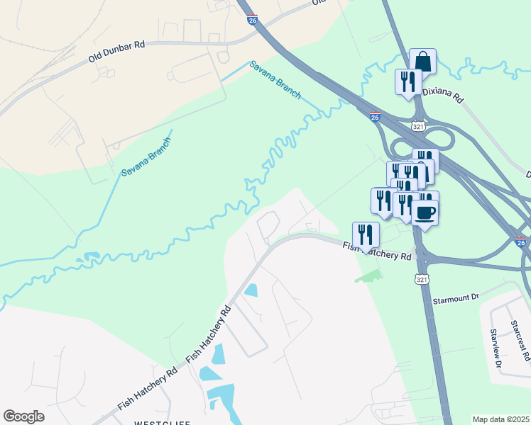 map of restaurants, bars, coffee shops, grocery stores, and more near 2490 Fish Hatchery Road in West Columbia