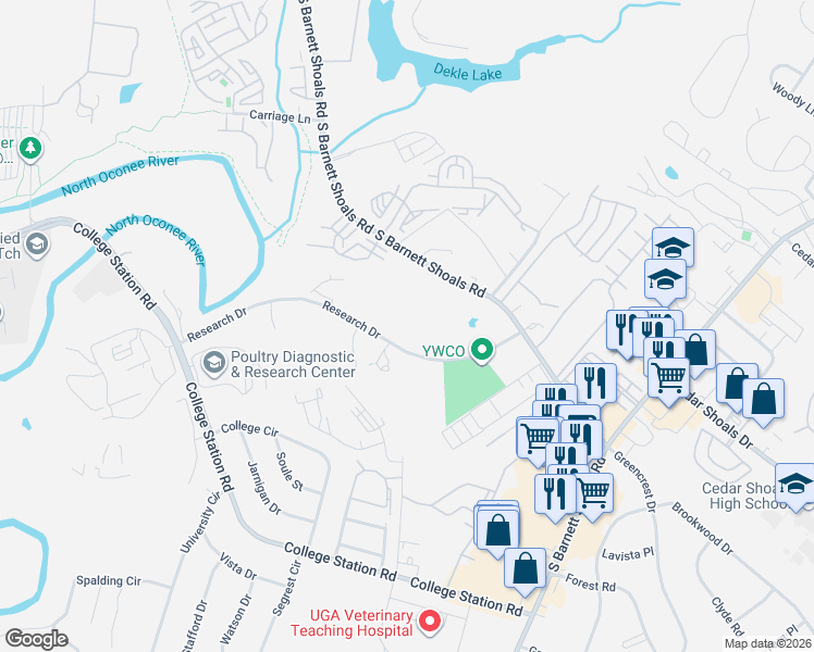 map of restaurants, bars, coffee shops, grocery stores, and more near 345 Research Drive in Athens