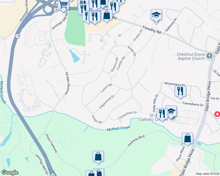 map of restaurants, bars, coffee shops, grocery stores, and more near 195 Tuxedo Road in Athens