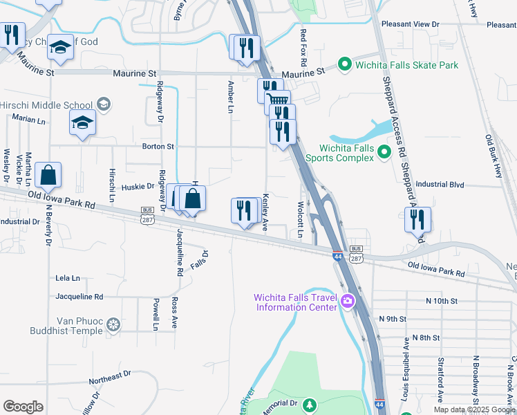 map of restaurants, bars, coffee shops, grocery stores, and more near 1210 Kenley Avenue in Wichita Falls