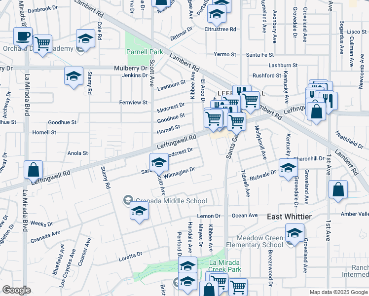 map of restaurants, bars, coffee shops, grocery stores, and more near 15515 Woodcrest Drive in Whittier